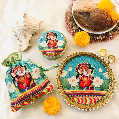 Ganesha Floral Thali Set with sweet box & potli
