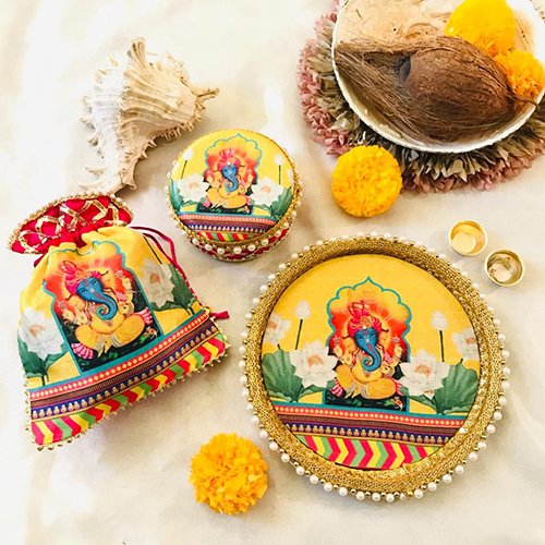 Ganesha Floral Thali Set with sweet box & potli - Image 3