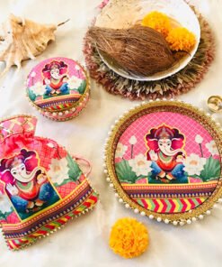 Alternative view of Ganesha Floral Thali Set with sweet box & potli