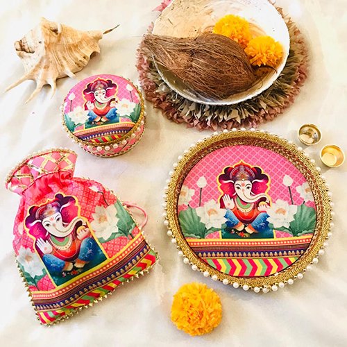 Ganesha Floral Thali Set with sweet box & potli - Image 2