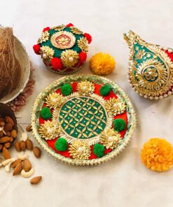 PomPom Gota Pooja Thali set with Shagun nariyal and sweet box