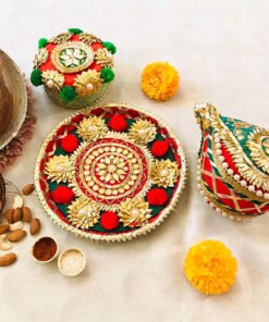 Alternative view of PomPom Gota Pooja Thali set with Shagun nariyal and sweet box