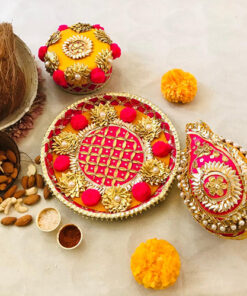 PomPom Gota Pooja Thali set with Shagun nariyal and sweet box - Image 3