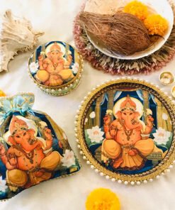 White lily Ganpati Thali Set with sweet box & potli