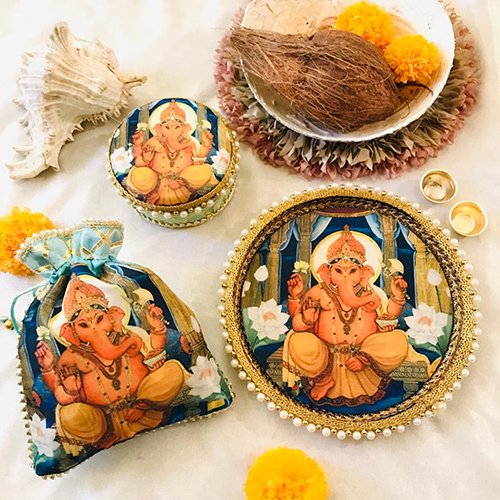 White lily Ganpati Thali Set with sweet box & potli