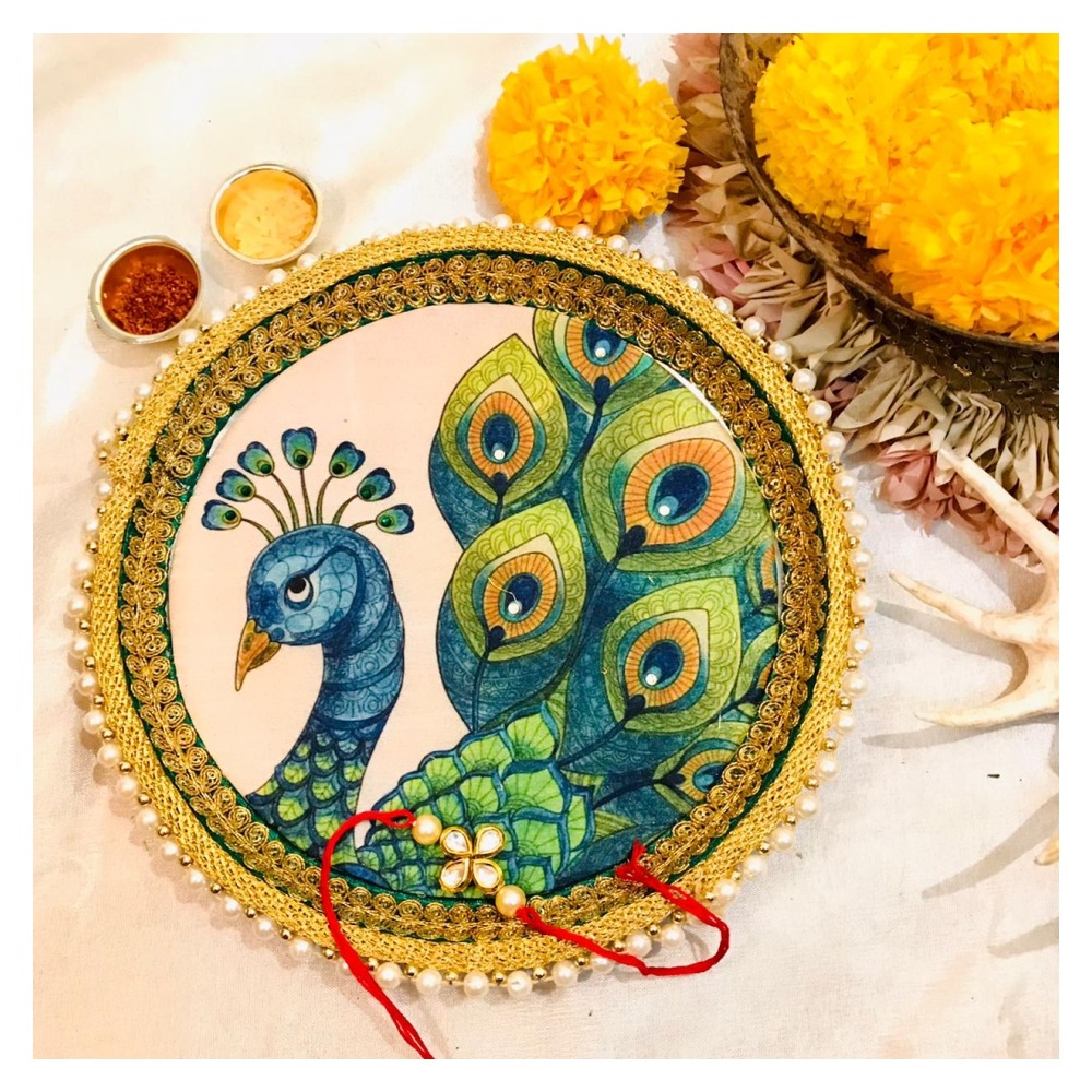 Peacock Rakhi Pooja Thali (8 inch) with Rakhi