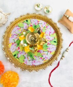 Alternative view of Lotus Rakhi Thali with Lotus Diya and Rakhi Hamper