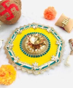 Alternative view of Gota sitara Rakhi thali with Kundan Rakhi