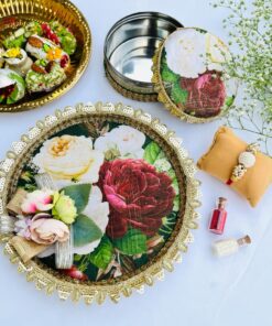 Floral Rakshabandhan Pooja Thali ( 8 inch) with Sweet Box and Rakhi - Image 3