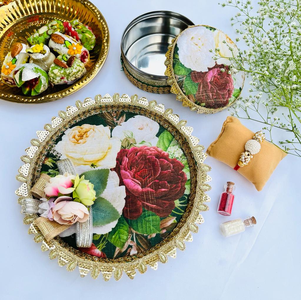 Floral Rakshabandhan Pooja Thali ( 8 inch) with Sweet Box and Rakhi - Image 3