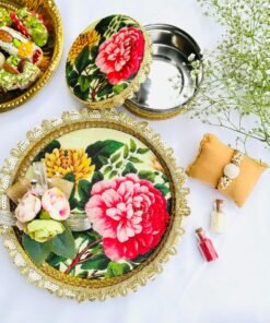 Alternative view of Floral Rakshabandhan Pooja Thali ( 8 inch) with Sweet Box and Rakhi