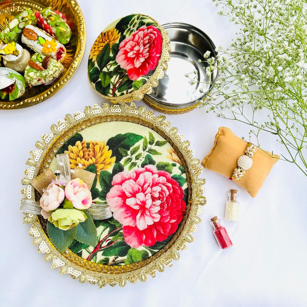 Floral Rakshabandhan Pooja Thali ( 8 inch) with Sweet Box and Rakhi - Image 2