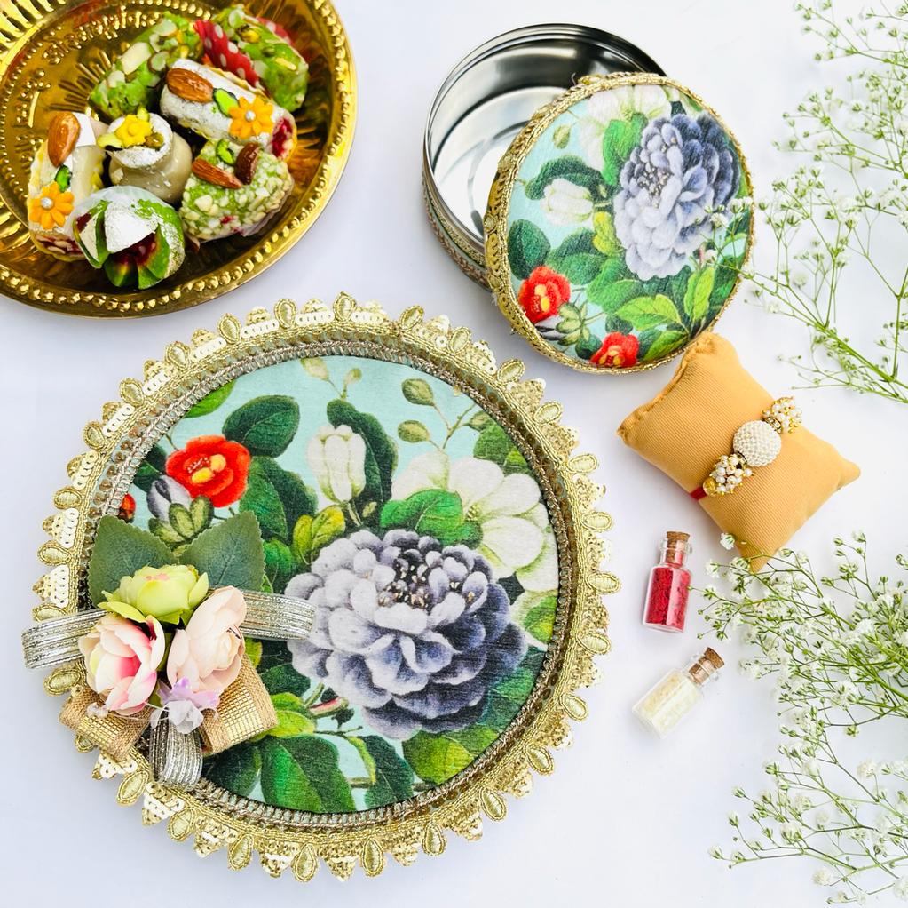 Floral Rakshabandhan Pooja Thali ( 8 inch) with Sweet Box and Rakhi