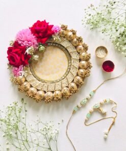 Alternative view of Rose pearl rakhi platter with light
