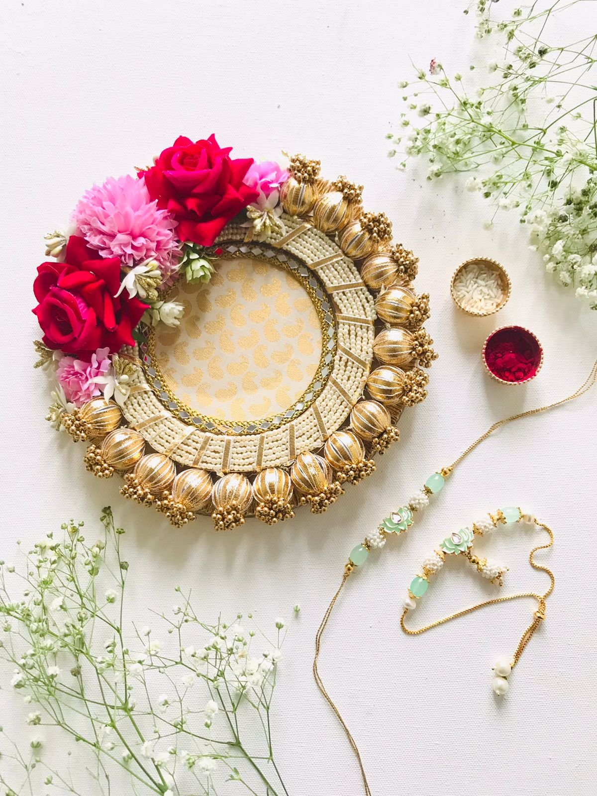 Rose pearl rakhi platter with light - Image 2