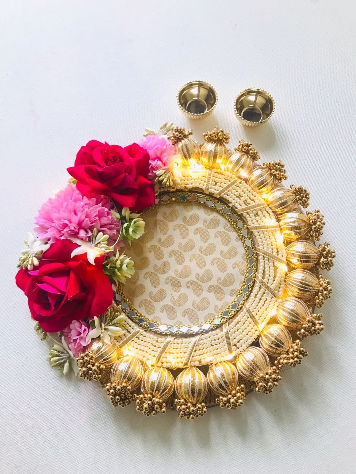 Rose pearl rakhi platter with light