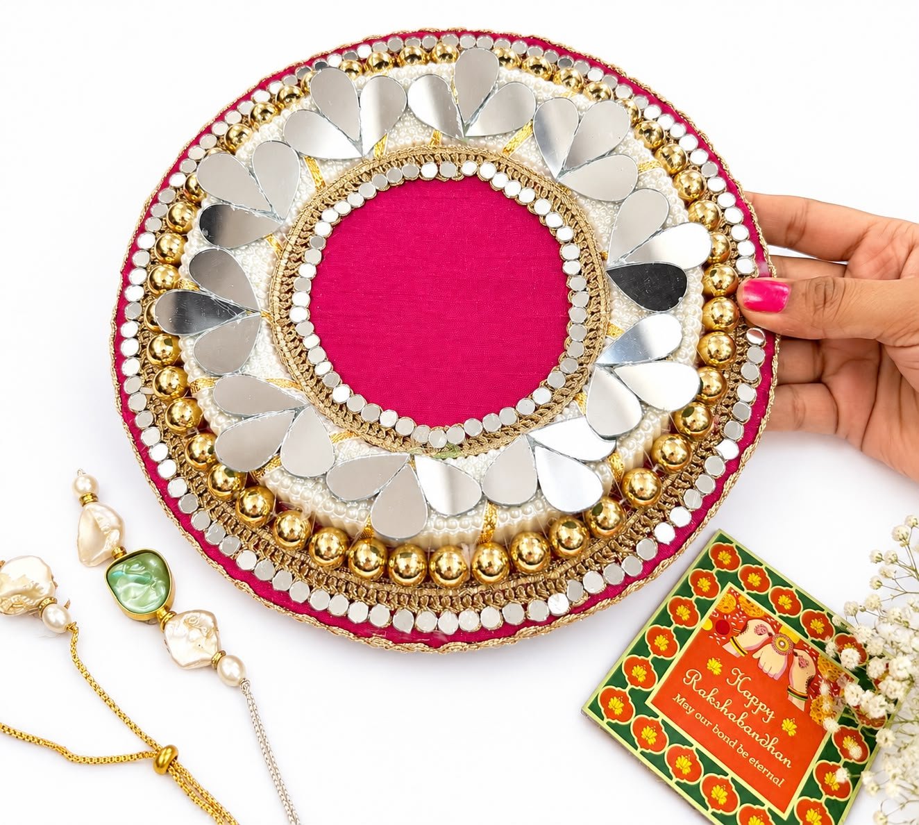 Rakhi Platter combined with mirror and pearls - Image 2