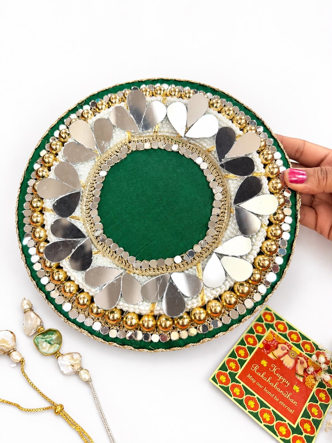 Rakhi Platter combined with mirror and pearls - Image 3